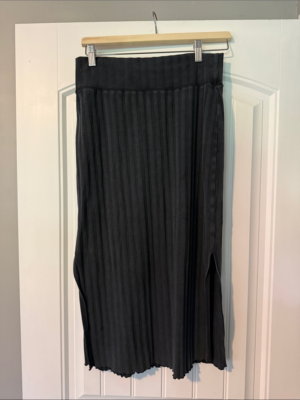 aerie Black Ribbed Midi Skirt with Side Slits